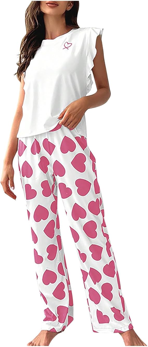 Women's 2-piece pajama set, heart print, ruffle cap sleeves and long pants, soft and cozy