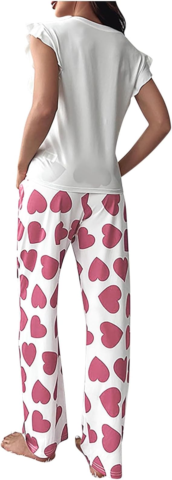 Women's 2-piece pajama set, heart print, ruffle cap sleeves and long pants, soft and cozy