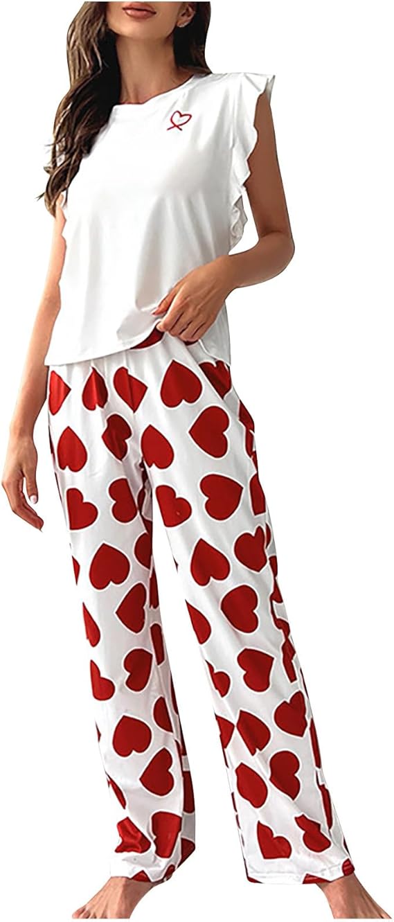 Women's 2-piece pajama set, heart print, ruffle cap sleeves and long pants, soft and cozy