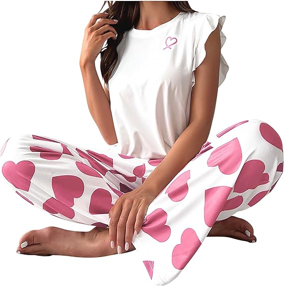 Women's 2-piece pajama set, heart print, ruffle cap sleeves and long pants, soft and cozy