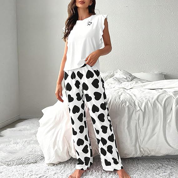 Women's 2-piece pajama set, heart print, ruffle cap sleeves and long pants, soft and cozy