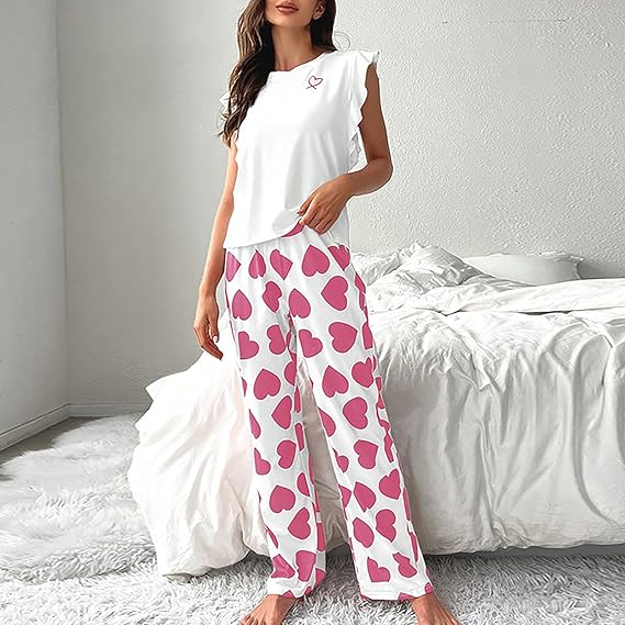 Women's 2-piece pajama set, heart print, ruffle cap sleeves and long pants, soft and cozy