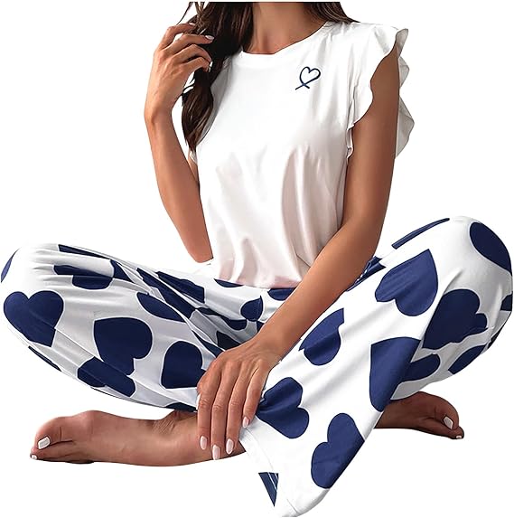 Women's 2-piece pajama set, heart print, ruffle cap sleeves and long pants, soft and cozy