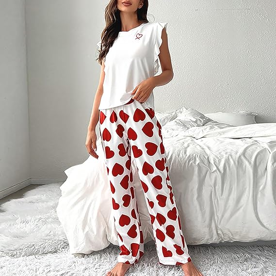 Women's 2-piece pajama set, heart print, ruffle cap sleeves and long pants, soft and cozy