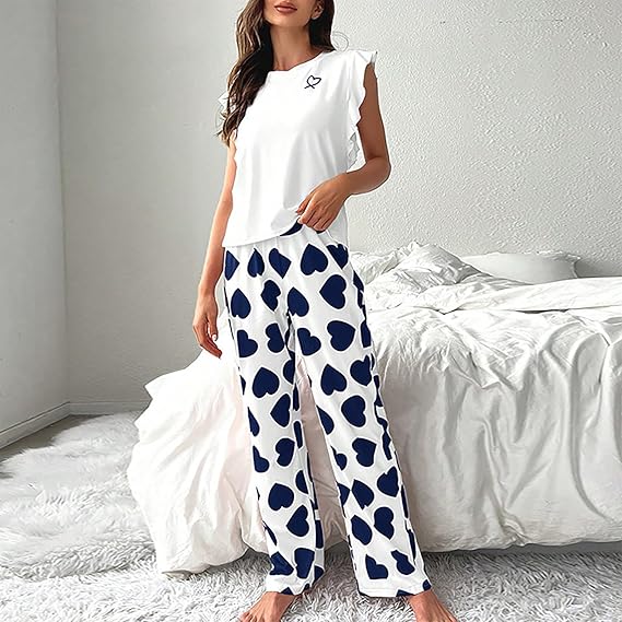 Women's 2-piece pajama set, heart print, ruffle cap sleeves and long pants, soft and cozy